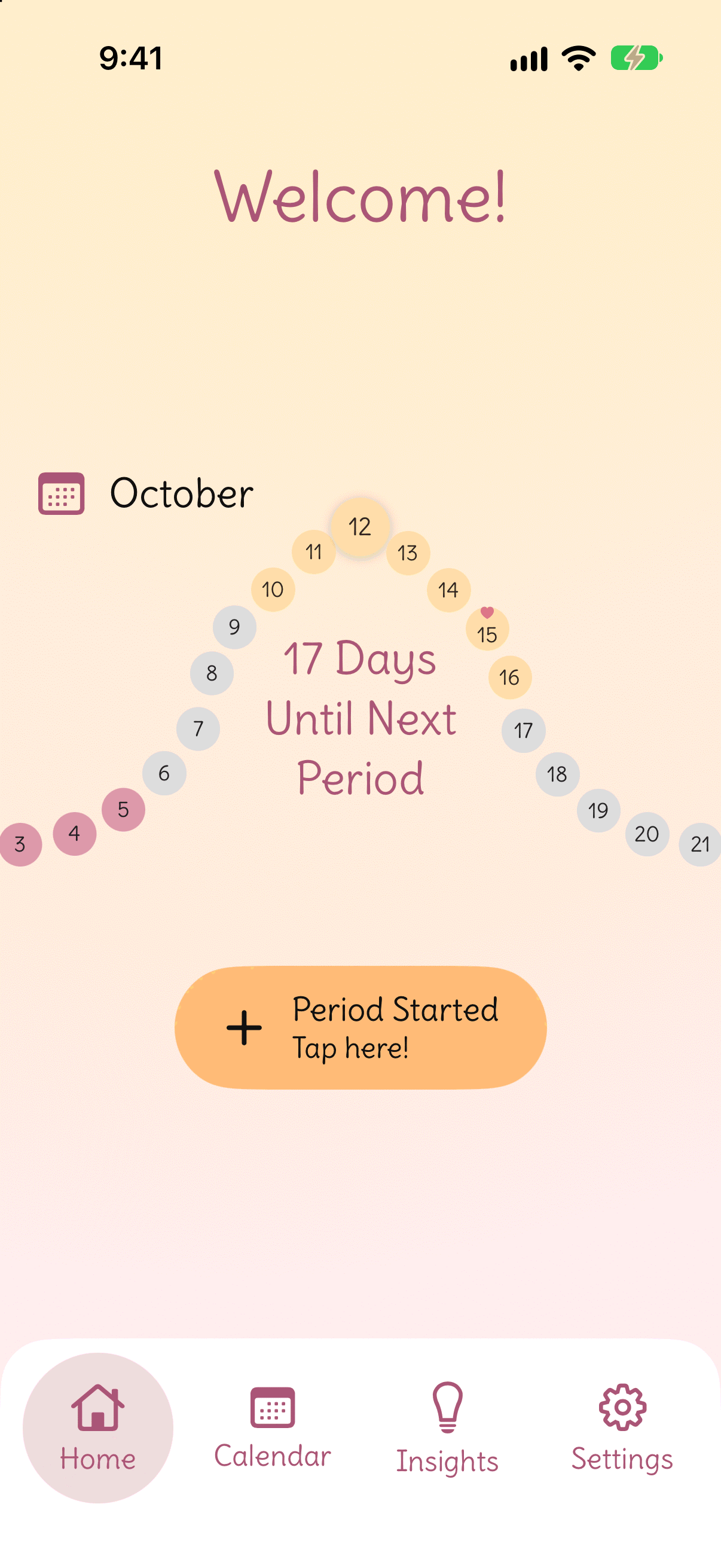 Flow State today screen: 17 days until next period