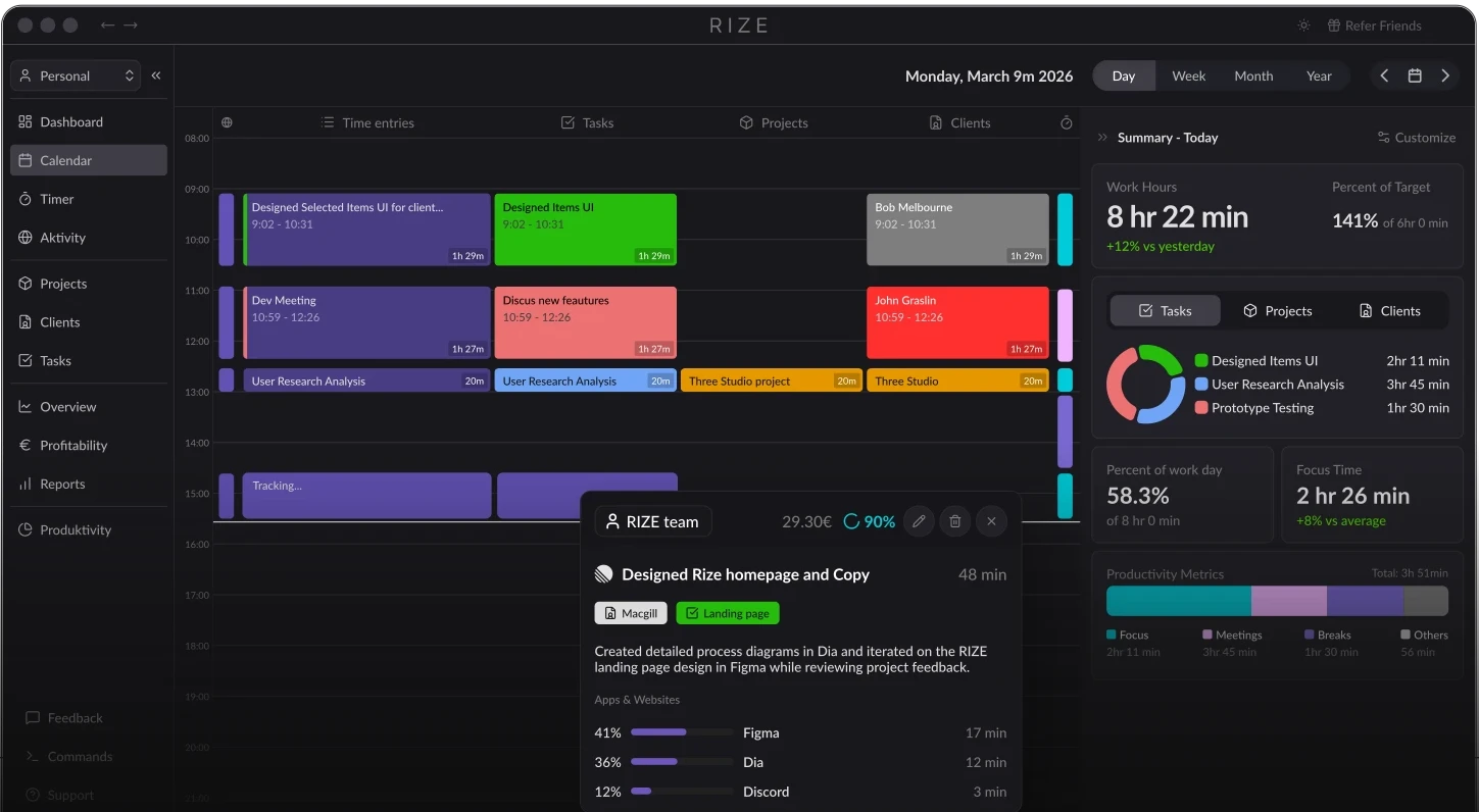 Rize's calendar view with time entries and a summary panel