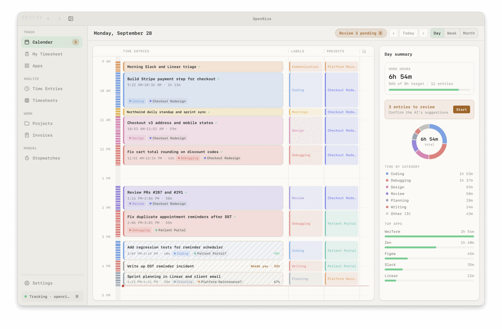 OpenRize timeline with time entries and a day summary